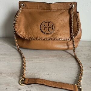 Tory Burch Brown Leather Marion Flap Saddle Bag Purse